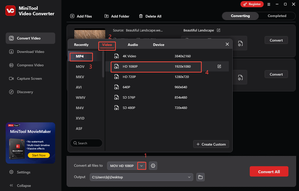 Expand the Convert all files to option in MiniTool Video Converter and choose MP4 HD 1080P as the output format