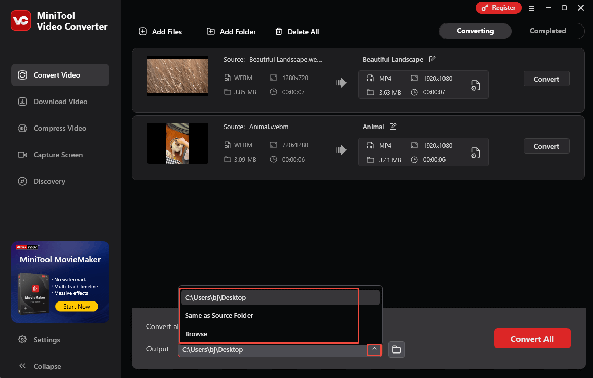 Expand the Output option in MiniTool Video Converter to choose a saving path for the converted files