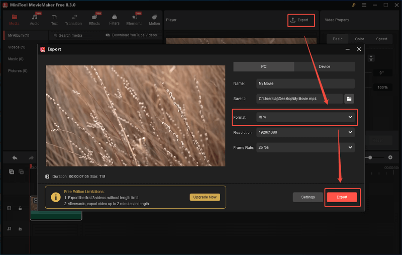 Configure the output settings in the Export window of MiniTool MovieMaker and click on Export to start saving the converted video