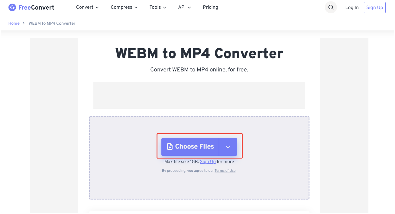 Click on Choose Files in FreeConvert to import your WEBM files