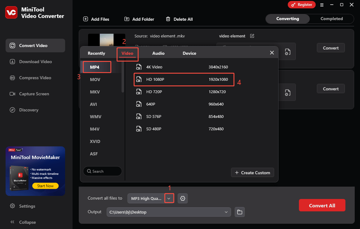 Expand the Convert all files to option in MiniTool Video Converter and choose MP4 HD 1080P as the output format