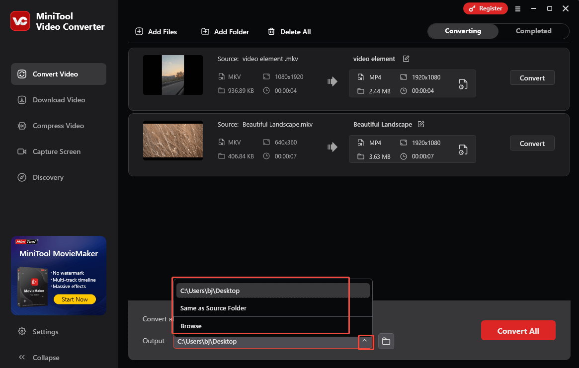Expand the Output option in MiniTool Video Converter to choose a destination folder for the converted files