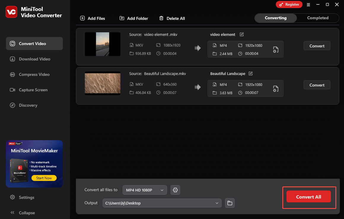 Click on Convert All in MiniTool Video Converter to begin the conversion process.