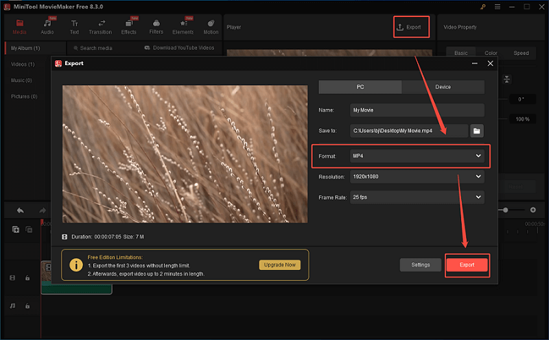 Configure the conversion settings and click on Export in MiniTool MovieMaker to begin saving the converted file