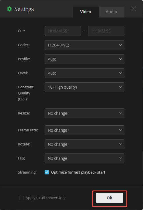 The Settings window of Convertio