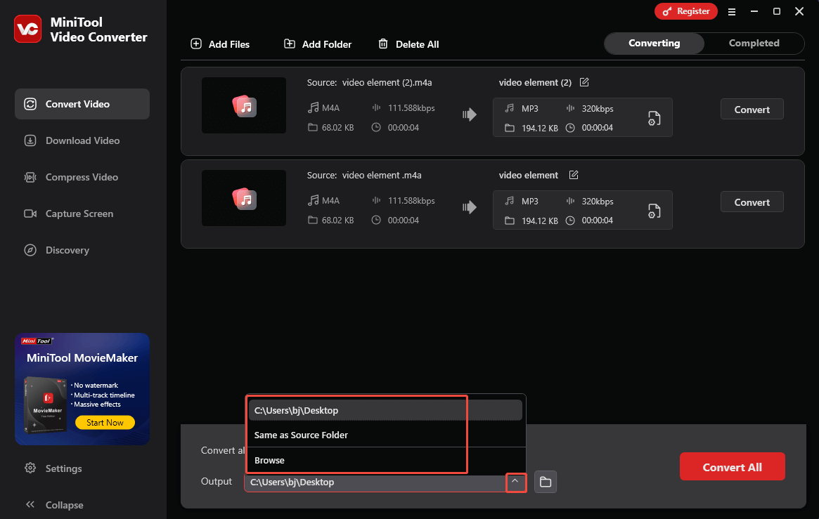 Expand the Output option in MiniTool Video Converter to choose a saving path for the converted files