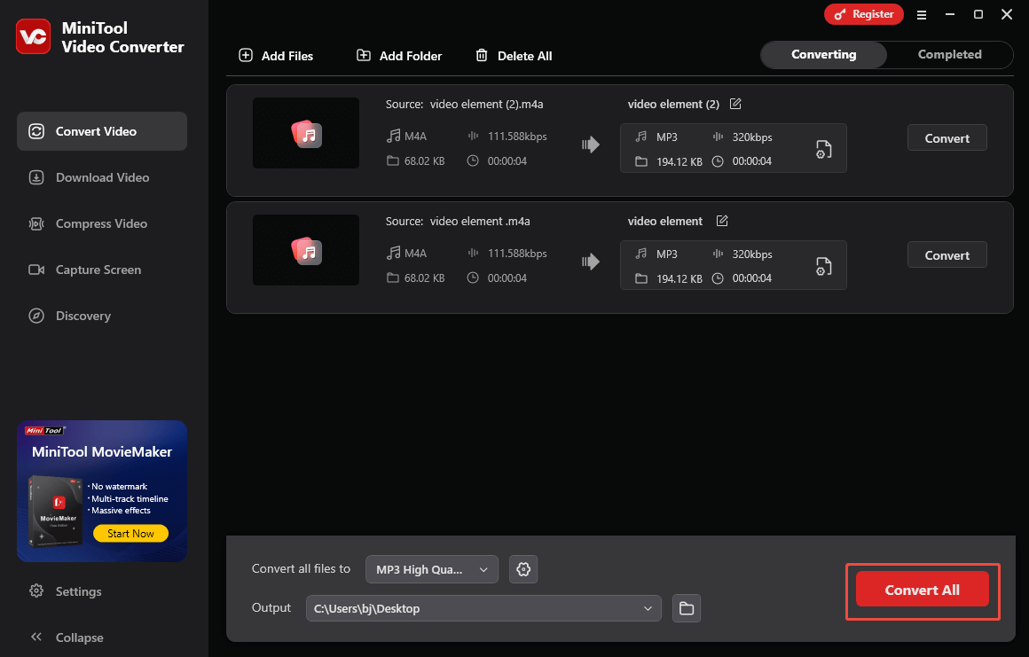 Click on Convert All in MiniTool Video Converter to begin the conversion process