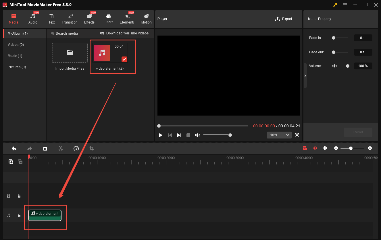 Add the M4A file to the timeline of MiniTool MovieMaker