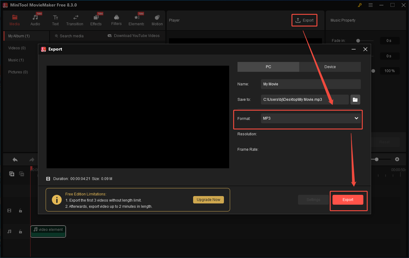 Configure the conversion settings and click on Export in MiniTool MovieMaker to start saving the converted file