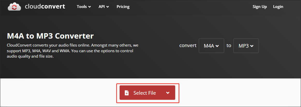 Click on Select File in CloudConvert to import your M4A files