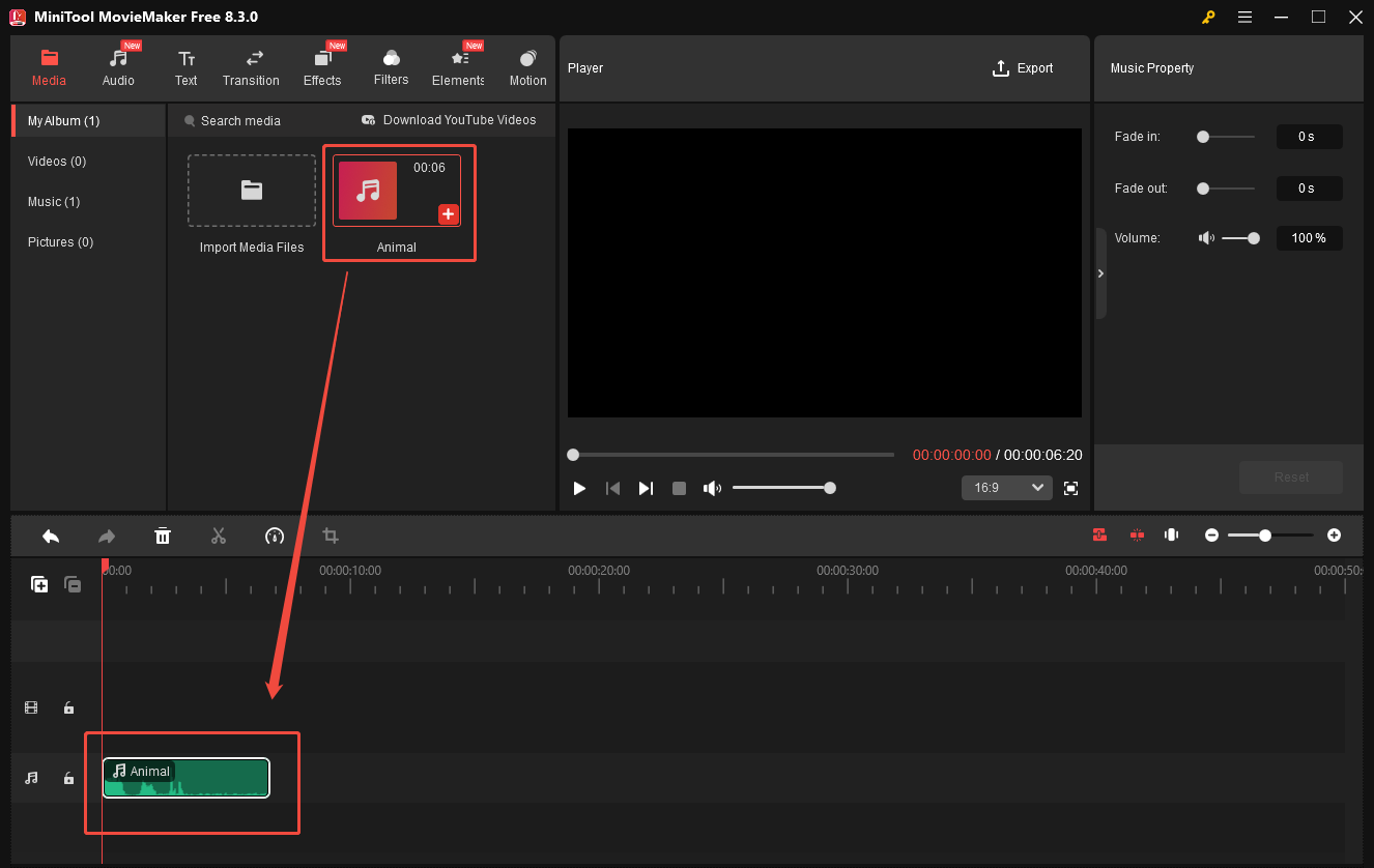 Add the FLAC to the timeline of MiniTool MovieMaker