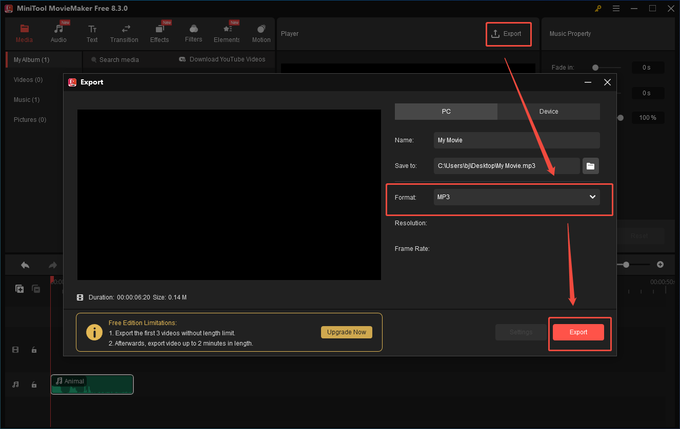 Configure the conversion settings and click on Export to start saving the converted file in the Export window of MiniTool MovieMaker
