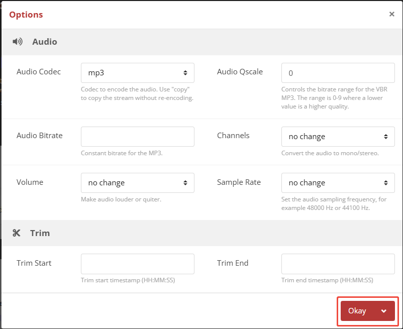 The Options window of CloudConvert