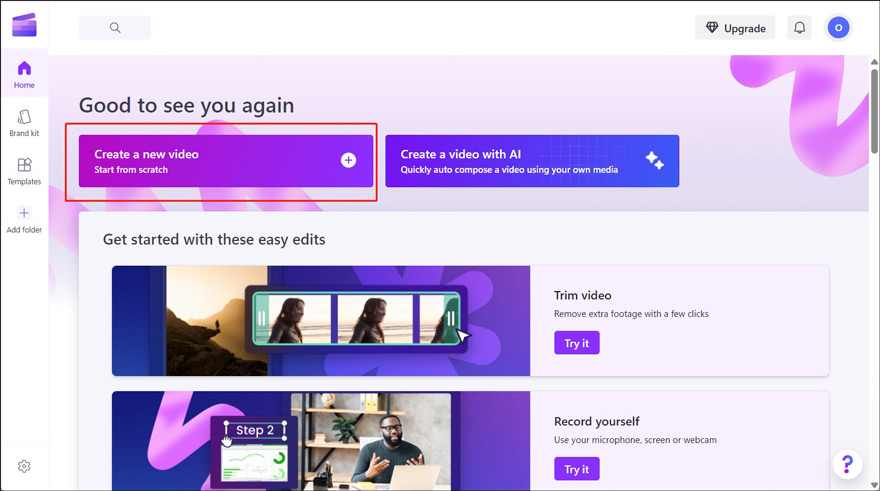 Click the Create a new video option in Clipchamp