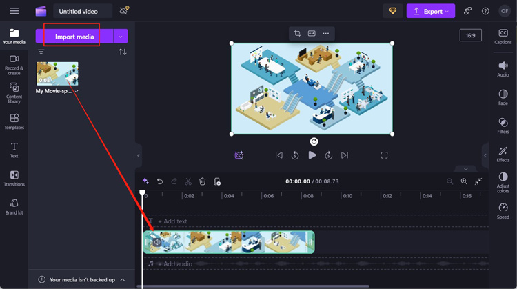 Click the Import media button to import your video, drag and drop it onto the timeline in Clipchamp
