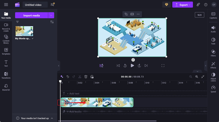 Move the cursor to the video until a two-headed arrow appears, and then drag the arrow to the beginning or end of the desired video clip in Clipchamp