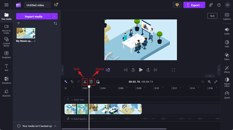 Click the Split icon, click on the video clip you want to remove, and click the Delete icon in Clipchamp