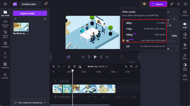 In Clipchamp’s Video quality drop-down menu, click the Export button and choose from the 4 resolution options, including 480p, 720p, 1080p, and 4K