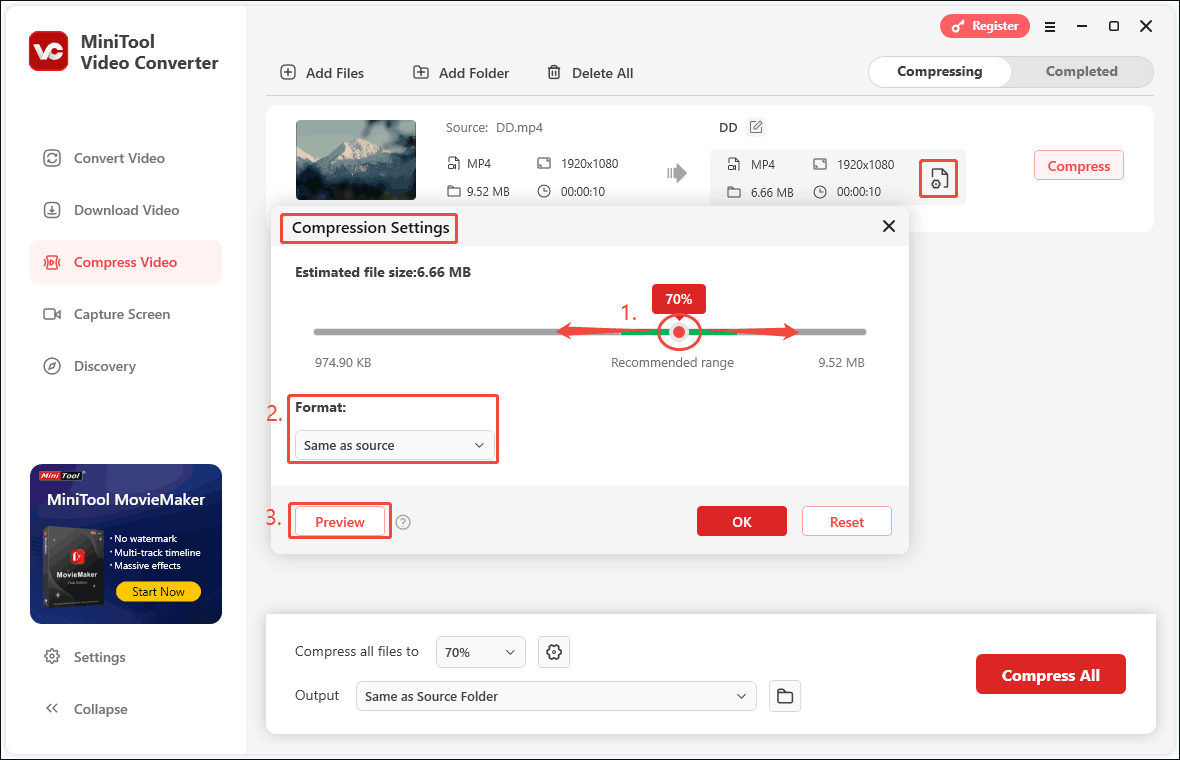 In MiniTool Video Converter’s Compression Settings, drag the red dot to adjust the compressed video’s size, choose the output video format, and click the Preview button to check the compressed video quality