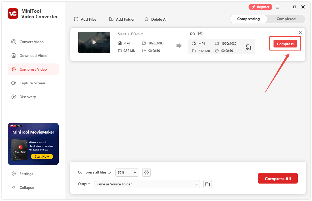 Click the Compress button to start compression in MiniTool Video Converter