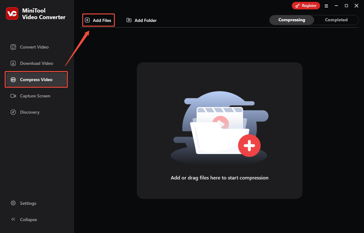 Click on Add Files in MiniTool Video Converter’s Compress Video module to import your ASF files