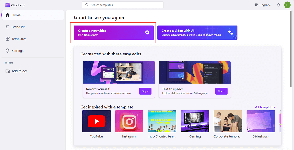 Click on Create a new a video in Clipchamp to enter its main interface