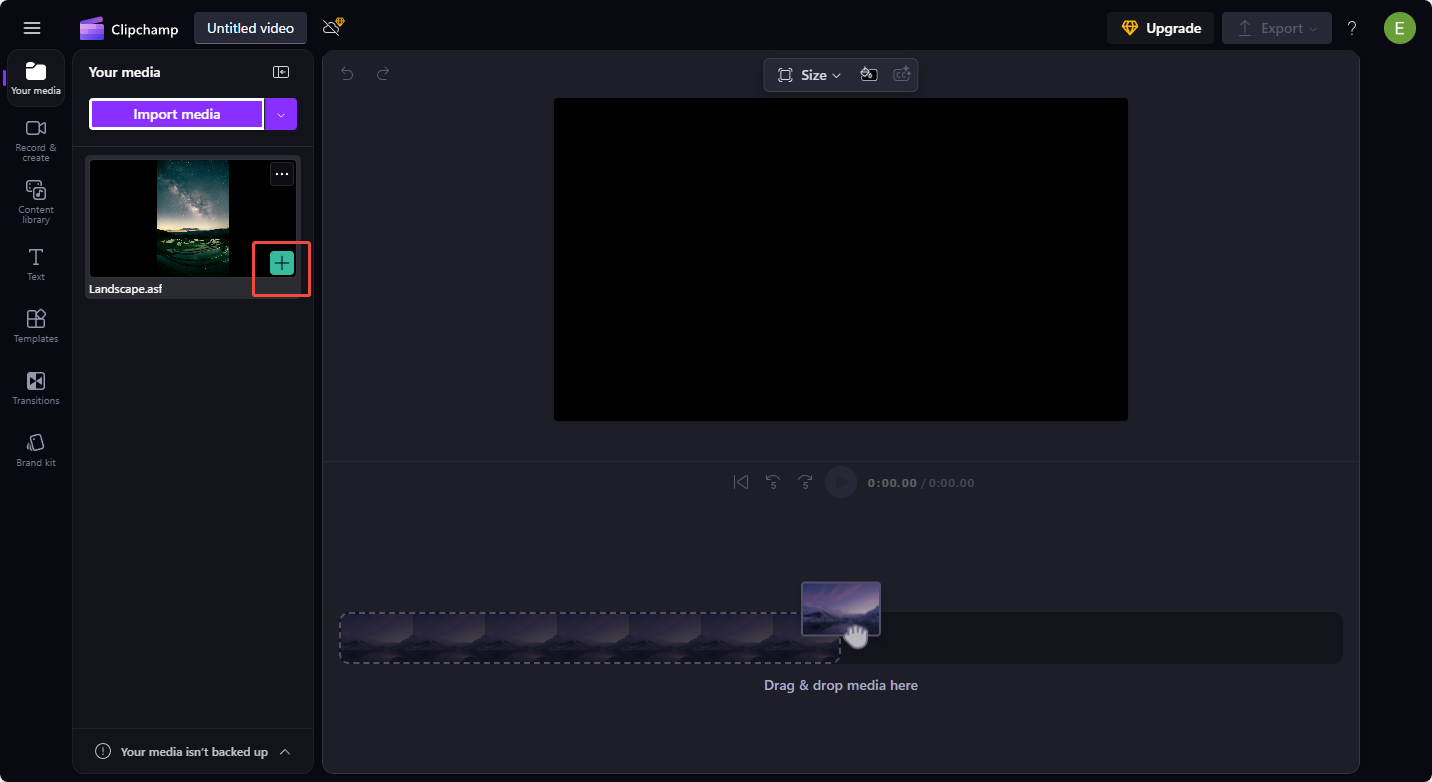 Click on the plus icon on the ASF file in Clipchamp to add the ASF video to the timeline