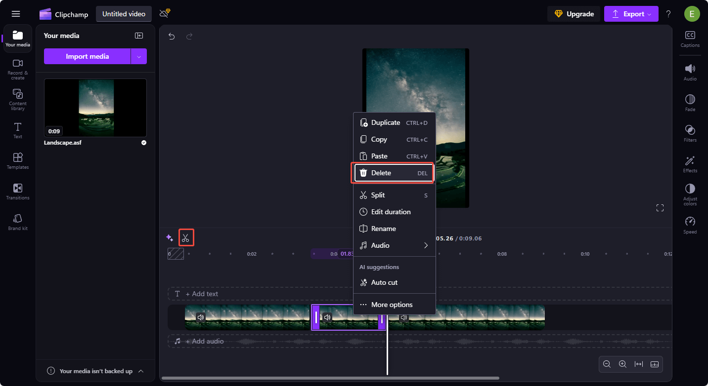 Delete the middle part of the ASF file in Clipchamp