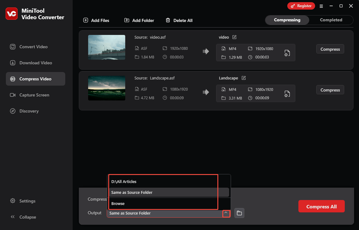 Expand the Output option in MiniTool Video Converter to choose a saving path for the compressed videos