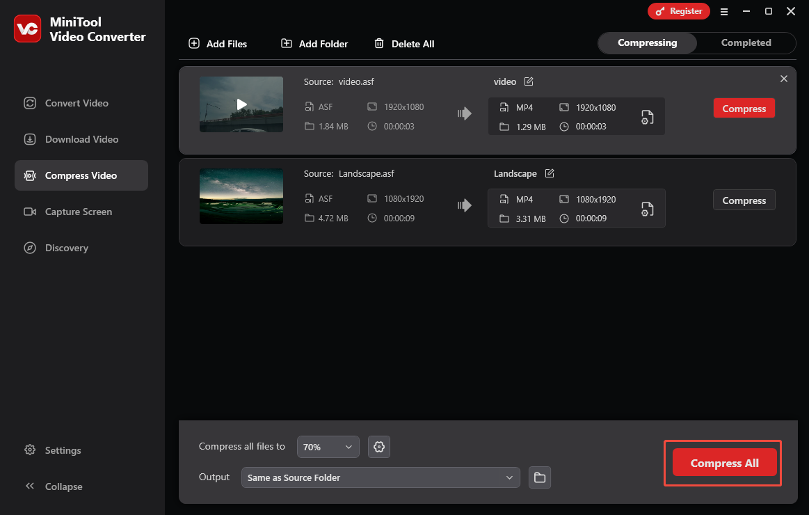 Click on Compress All in MiniTool Video Converter to start the compression process