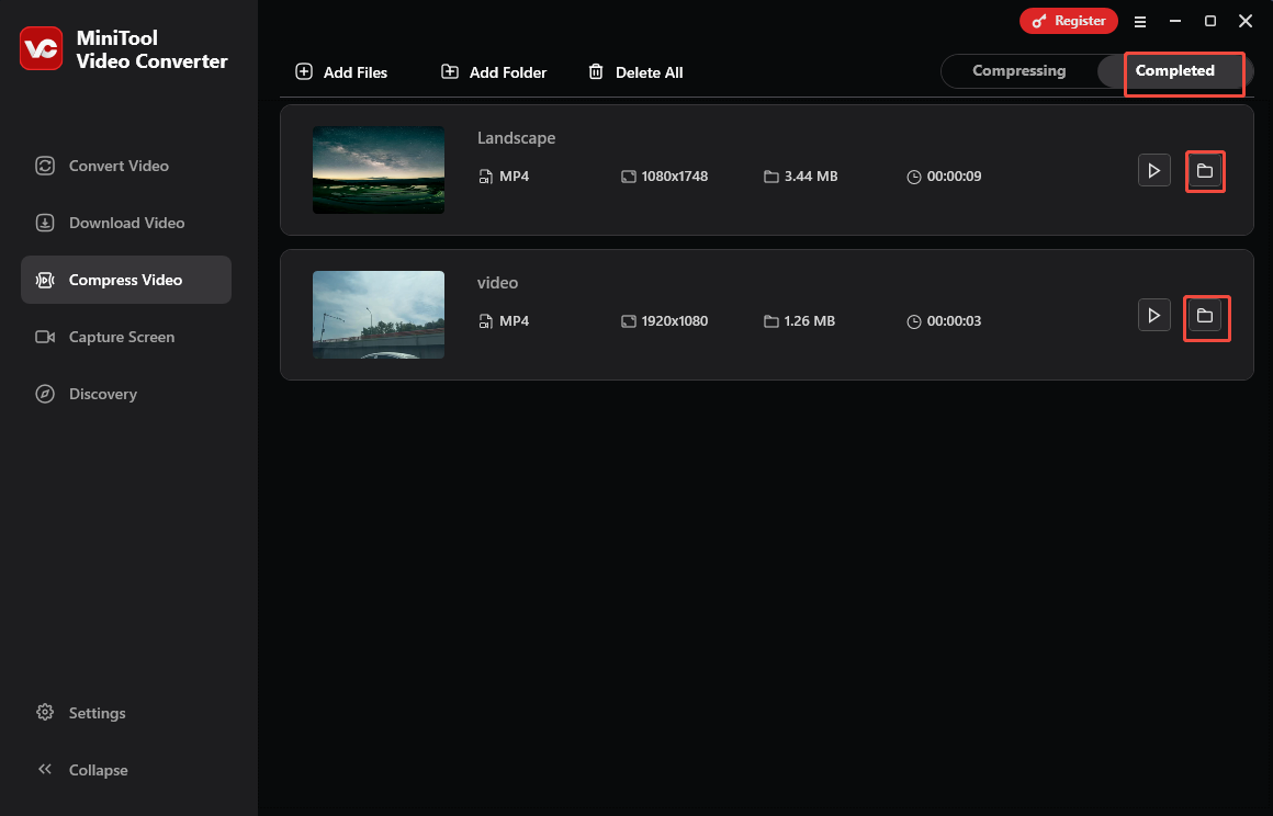 Click on the Folder icon in MiniTool Video Converter’s Compress Video module to locate the compressed files