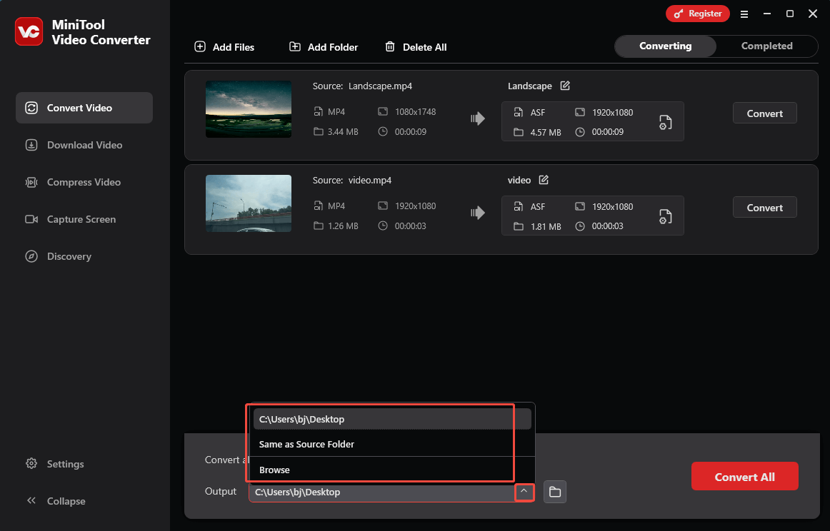 Expand the Output option in MiniTool Video Converter’s Convert Video module to choose an output location for the converted files