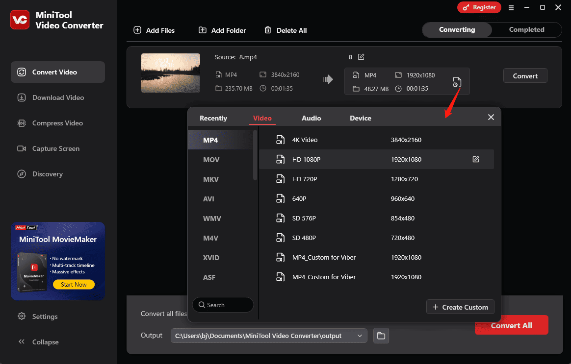 Select a low-resolution profile in MiniTool Video Converter
