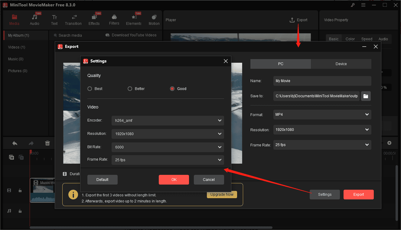 Adjust output settings in MiniTool MovieMaker