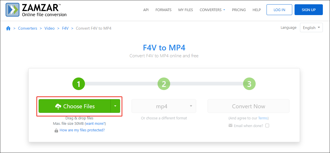 Click on Choose Files in Zamzar to import your F4V files