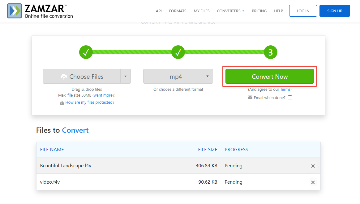 Click on Convert Now in Zamzar to begin the conversion process