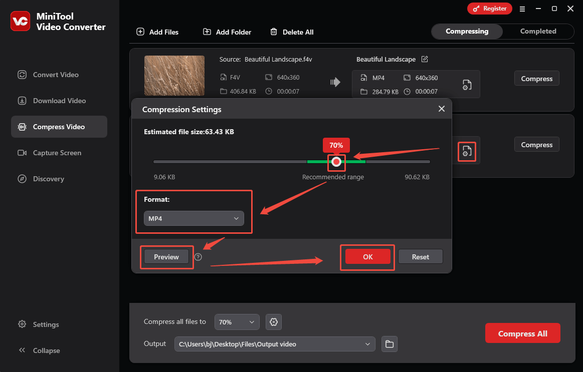 Configure the compression settings in the Compression Settings window of MiniTool Video Converter