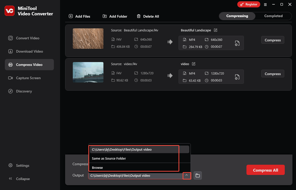 Expand the bottom Output option in MiniTool Video Converter’s Compress Video tab to choose a saving path for the compressed files