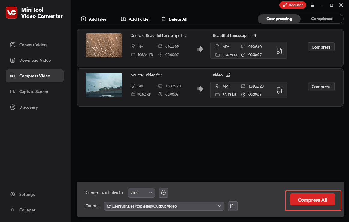 Click on Compress All in MiniTool Video Converter to begin the compression process
