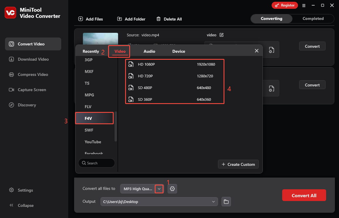 Expand the Convert all files to option in MiniTool Video Converter and choose F4V as the output format