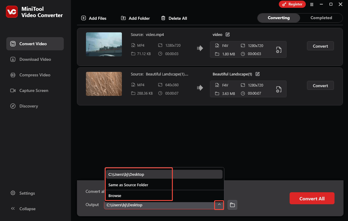 Expand the Output option in MiniTool Video Converter’s Convert Video tab to select a destination folder for the converted files