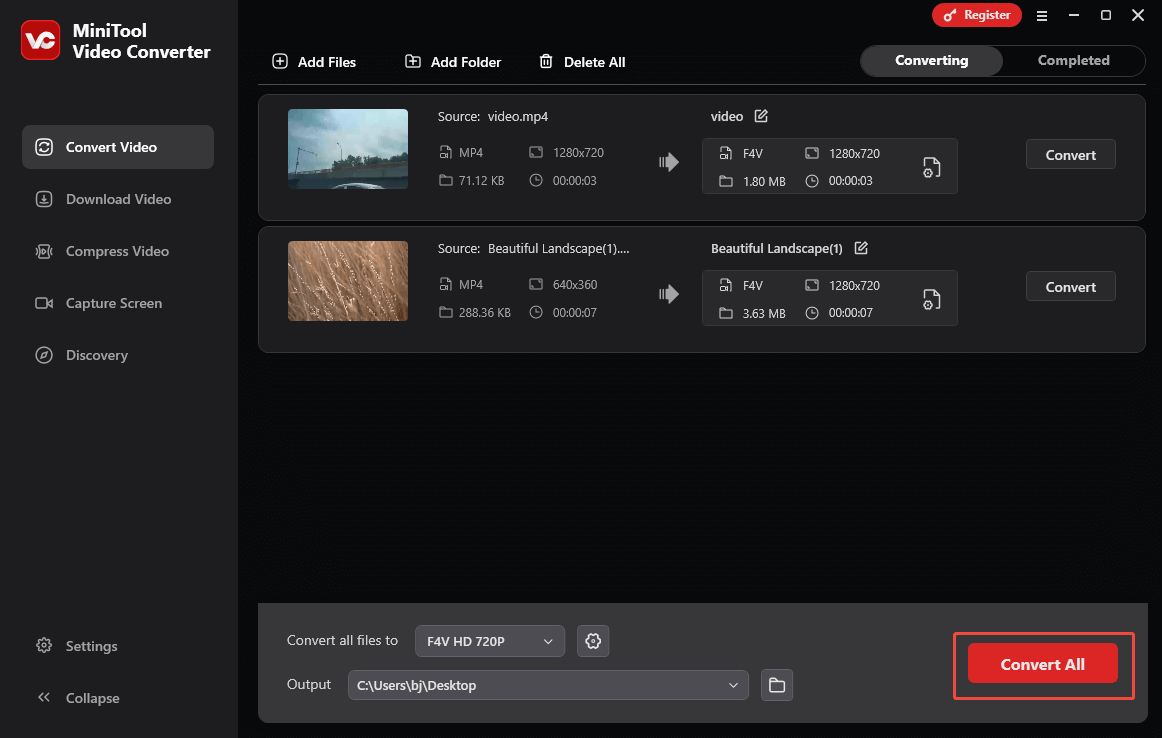 Click on Convert All in MiniTool Video Converter to begin the conversion process