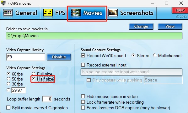 Click the Movie tab on the top 4 tabs and select Half-size under Video Capture Settings in Fraps