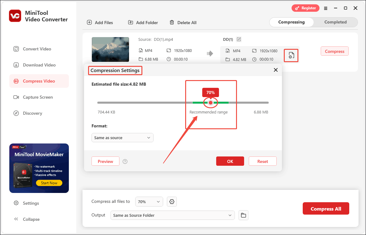 In MiniTool Video Converter’s Compression Settings, drag the red dot to adjust the compression video file