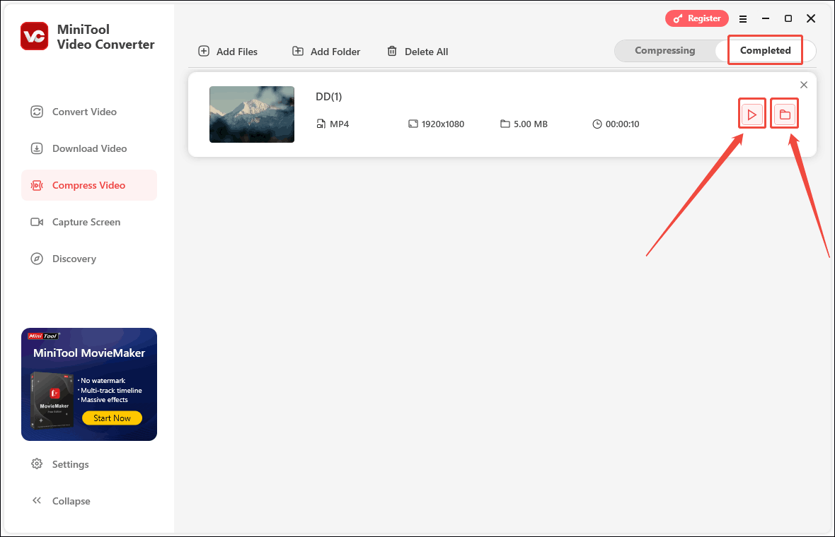 In MiniTool Video Converter’s Completed tab, click the play icon to view the compressed video and click the folder icon to locate the compressed video on your computer