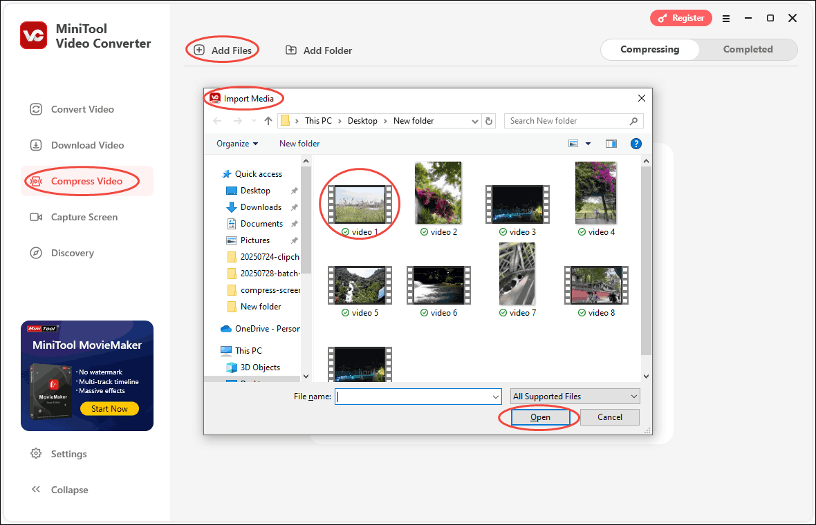 Select the Compress Video tab, click Add Files, select video in the Import Media window, and click the Open button in MiniTool Video Converter
