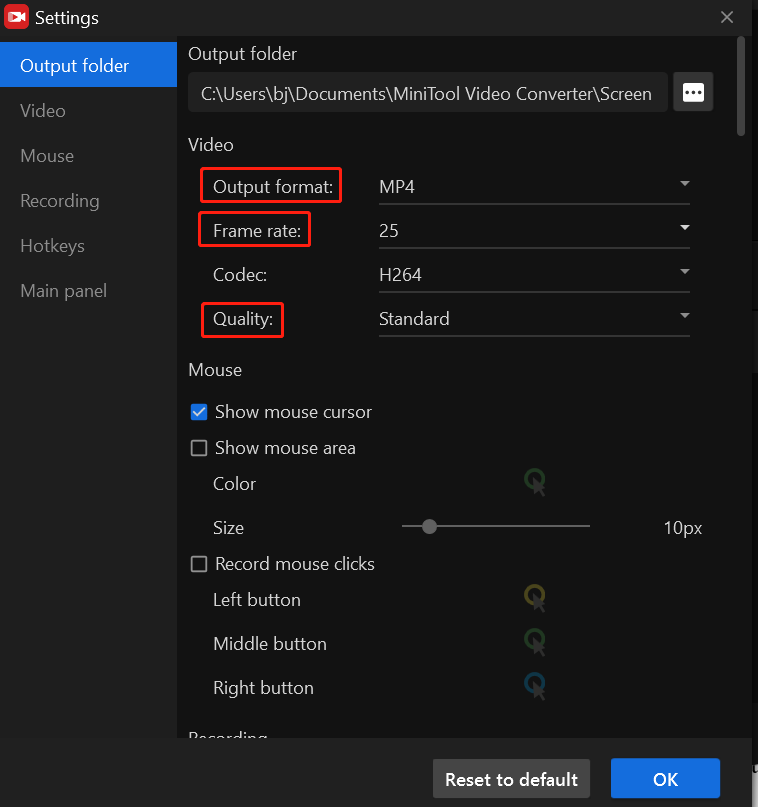 In MiniTool Video Converter’s Settings window, select the Output format with a smaller file size, expand the Frame rate dropdown to lower the frame rate, and click on Quality to choose it as Standard