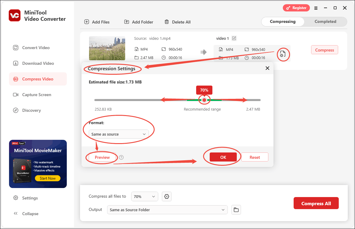 In MiniTool Video Converter, click the gear icon, drag the red dot to adjust the compression level in the Compression Settings window, click the option below Format to select the output format, and click Preview to check the video quality