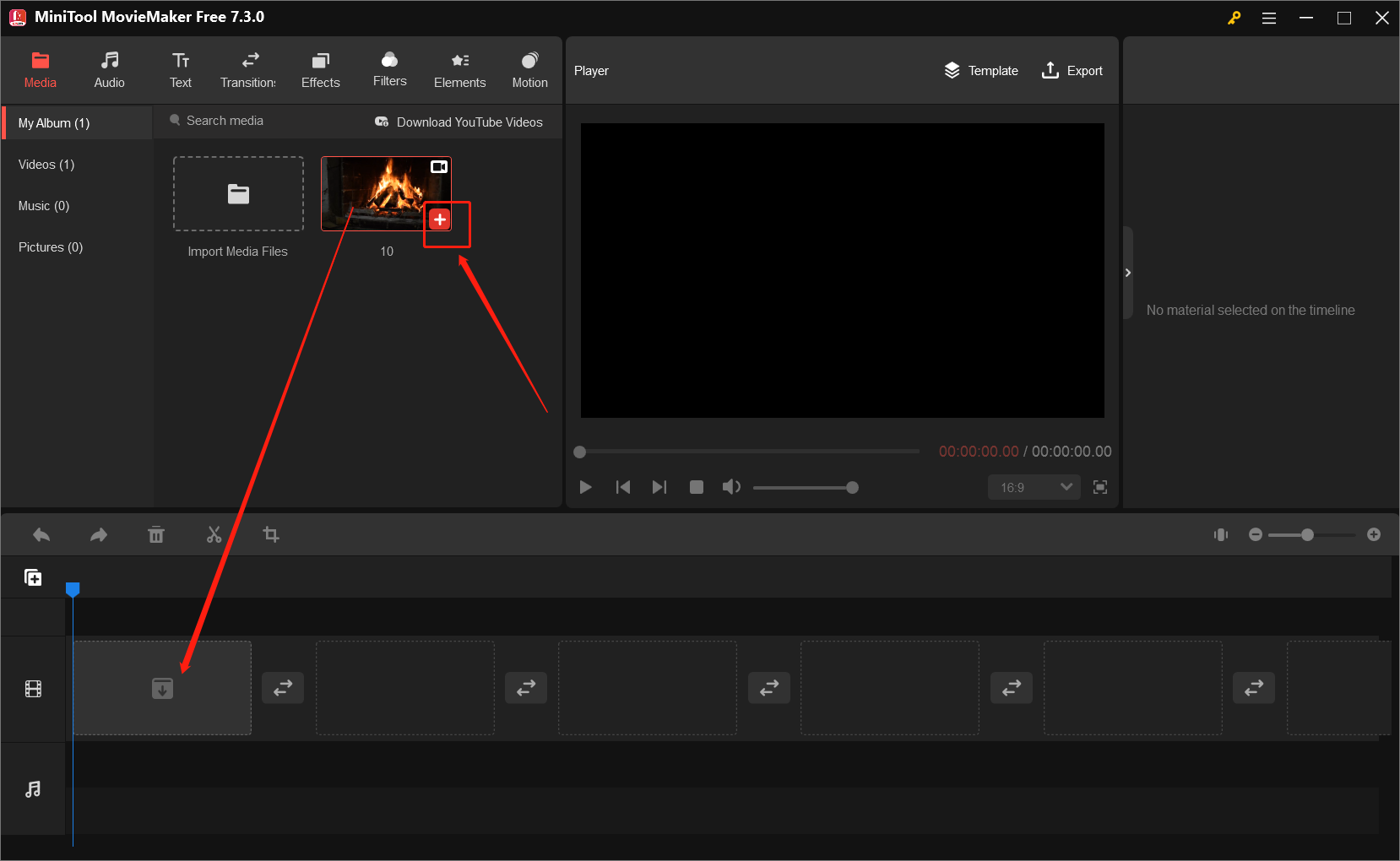 In MiniTool MovieMaker’s Media tab, click the plus (+) icon on the target video to add it to the timeline or drag and drop it onto the timeline
