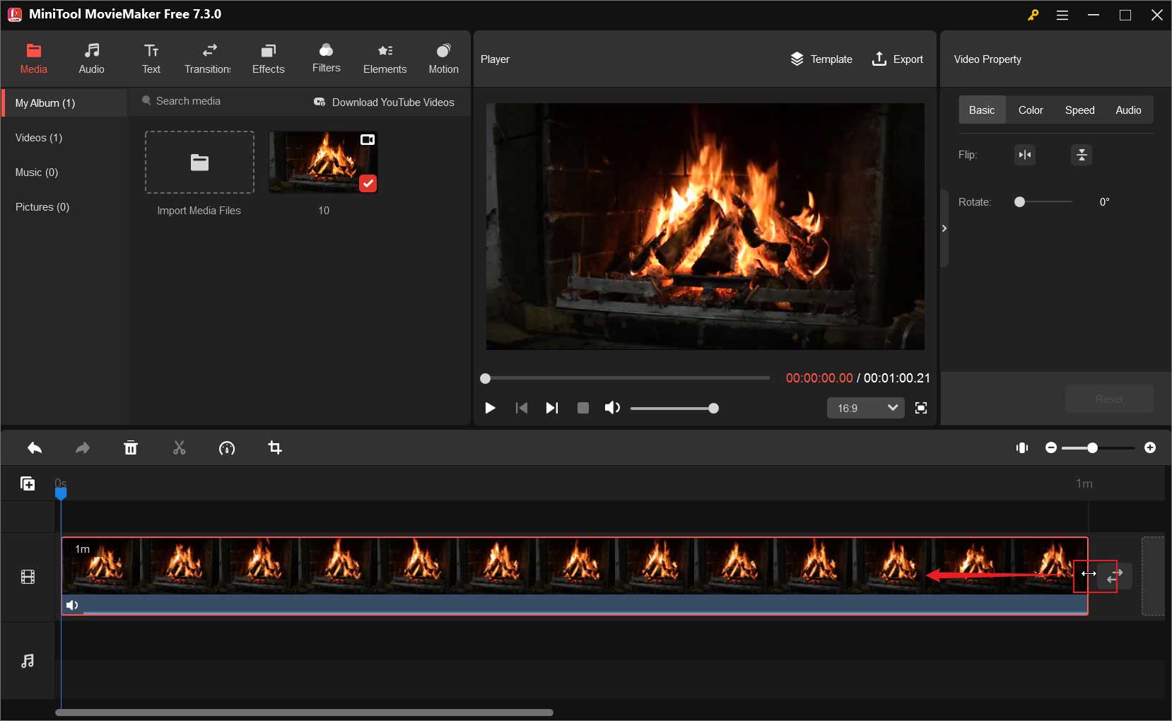In MiniTool MovieMaker, hover the mouse cursor over the beginning or end of the video clip until there appears a double-headed arrow and drag the double-headed arrow to remove the unwanted parts